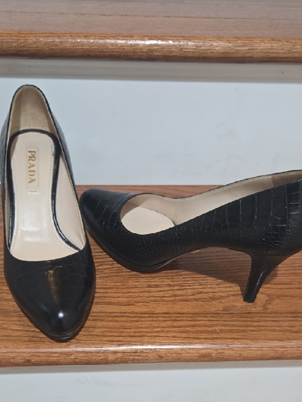 Prada Black Croc-Embossed Pointed Pumps - Picture 10 of 12